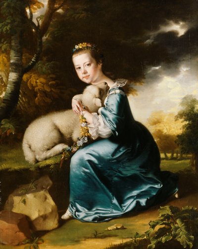 Portret van Juffrouw Frances Warren, knielend op volledige lengte in een bebost park, in een blauwe jurk en een lam vasthoudend door Joseph Wright of Derby