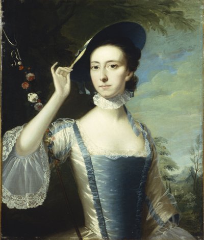 Portret van een dame bij een bloemenkrans, in een landschap door Joseph Wright of Derby