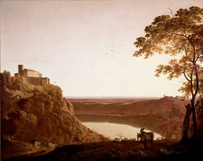 Uitzicht op het Meer van Nemi bij schemering door Joseph Wright of Derby