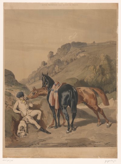 Twee paarden met rustende ruiter in een landschap door Joseph Zephyris Gengembre