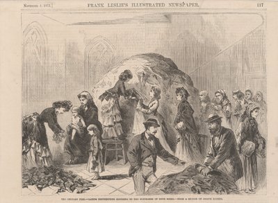 De Chicago Brand: dames delen kleding uit aan lijders van beide geslachten, illustratie uit Frank Leslie