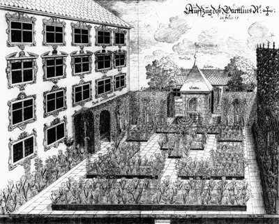 Ontwerp voor Furttenbachs tuin in Ulm, uit Architectura Privata, gegraveerd door Jonas Arnold (1600-69), gepubliceerd 1641 door Joseph after Furttenbach