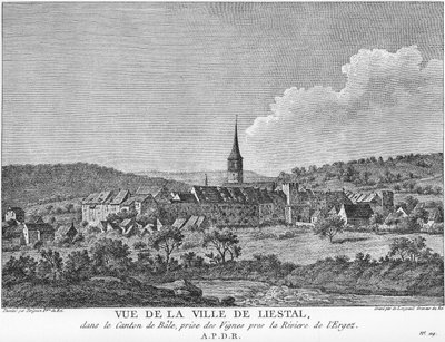 Uitzicht op de stad Liesthal in het kanton Basel, genomen vanuit een wijngaard aan de rivier Ergolz door Joseph de Longueil