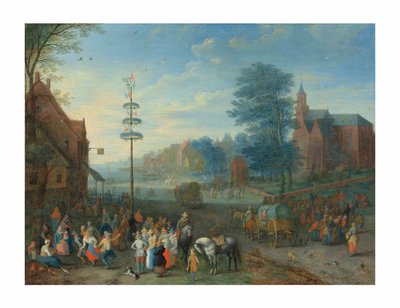 Een dorpskermis met figuren dansend rond een meiboom door Joseph van Bredael