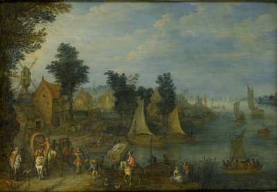 Dorp aan de oever van een rivier door Joseph van Bredael