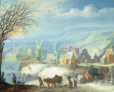 Winterlandschap met talrijke figuren door Joseph van Bredael