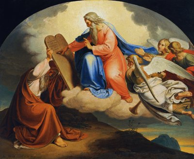 God schrijft Mozes de tien geboden op twee stenen tafelen op de berg Sinaï door Joseph von Fuhrich