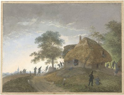 Gevecht bij een herberg of huis met strodak op een heuvel door Josephus Augustus Knip