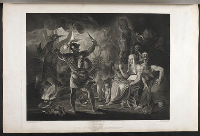 Macbeth. Act IV. Scene I. Een donkere grot. In het midden een kokende ketel. Drie heksen. Macbeth. Hecate. Macbeth staat tegenover de heksen en de verschijningen; aan zijn voeten, binnen een opgerolde slang, staan een klein bloederig kind en een kind met e door Joshua (after) Reynolds