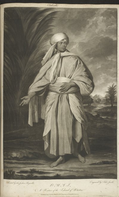 Omai, een inboorling van het eiland Ulietea. Geschilderd door Sir Joshua Reynolds en gegraveerd door John Jacobs. Een staand portret van Mai of Omai, gehuld in vloeiende gewaden, in klassieke pose. Mai (ca. 1751-1780), in Groot-Brittannië ten onrechte beke door Joshua (after) Reynolds