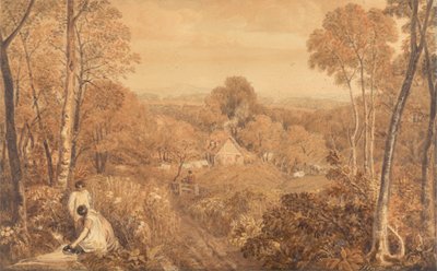 Bosrijk Landschap met Huisjes en Plattelandsvrouwen, Hurley, Berkshire door Joshua Cristall