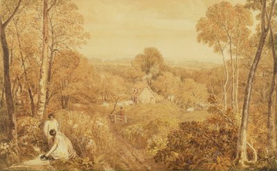 Boslandschap met huisjes en plattelandsvrouwen, Hurley, Berks, 1818 door Joshua Cristall