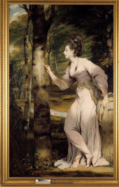 Een vrouw van grote elegantie geeft een naam op een boomstam in een romantische sfeer. Schilderij door Joshua Reynolds (1723-1792). 18e eeuw. Privécollectie door Joshua Reynolds