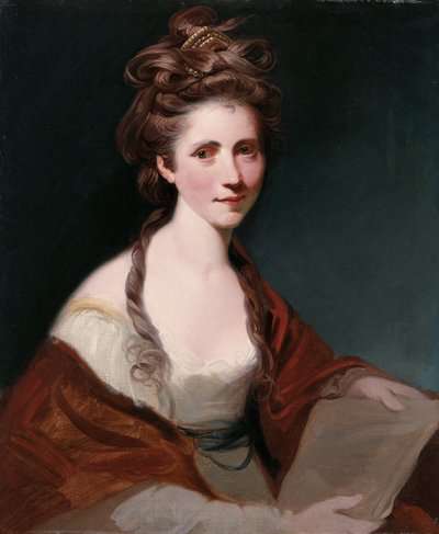 Portret van Angelica Kauffmann, halflang in het wit met een rode sjaal door Joshua Reynolds