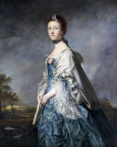 Portret van Anne, Gravin Winterton, Staand Driekwart Lengte, Draag een Blauwe Jurk en Kant Afgewerkte Sjaal, Houd een Waaier, in een Landschap door Joshua Reynolds