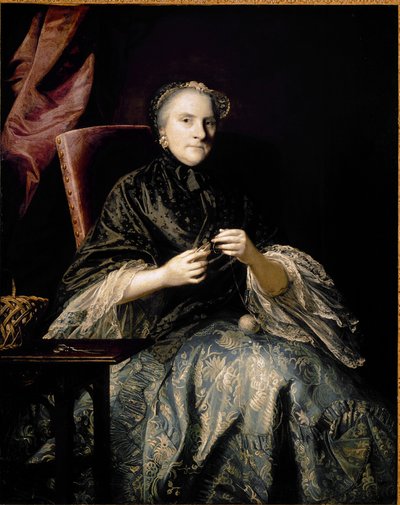 Portret van Anne, tweede gravin van Albemarle die knopen maakt door Joshua Reynolds
