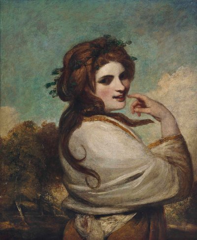 Portret van Emma, Lady Hamilton, als een Bacchante, halflang, in een gele jurk en witte sjaal, in een landschap door Joshua Reynolds