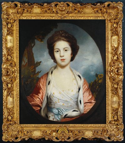 Portret van Esther, Lady Wray, in een witte jurk, een goud en roze hermelijnen mantel, een landschap daarachter door Joshua Reynolds