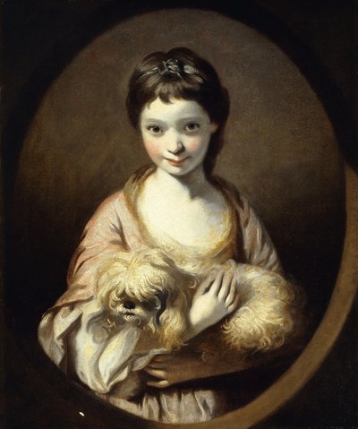 Portret van juffrouw Emilia Vansittart, halflang, in een roze en witte jurk met een hond, c.1767-68 door Joshua Reynolds