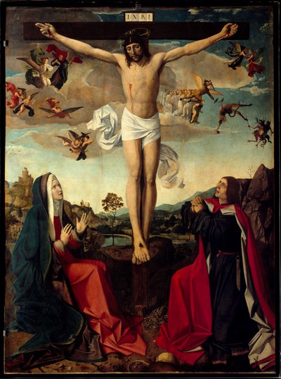 Calvarie. Kruisiging met de Maagd Maria en Sint-Jan aan de voet van het kruis. Inscriptie 