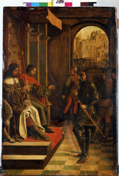 Sint Sebastiaan voor de keizers Diocletianus en Maximianus door Josse (fl.1493 1508) Lieferinxe
