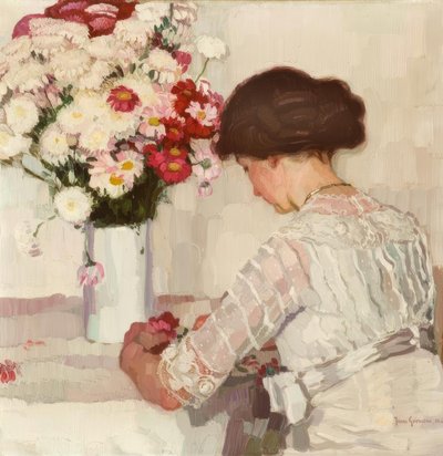 J. Goossens, In gedachten (Dame in wit met bloemen) door Josse Goossens