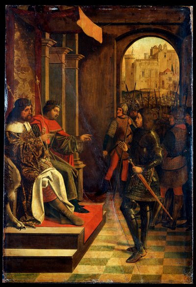 Sint Sebastiaan voor de keizers Diokletianus en Maximianus, laat 15e eeuw door Josse Lieferinxe