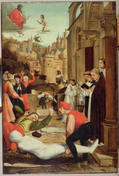 St. Sebastian die bemiddelt voor de pestlijders, 1497-99 door Josse Lieferinxe