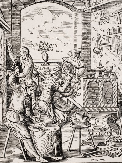 Goudsmid, reproductie van 16e-eeuwse houtsnede door Jost Amman door Jost (after) Amman