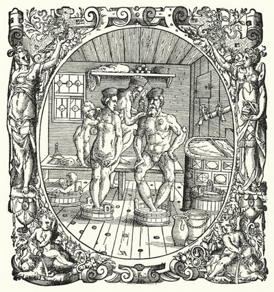 De badkamer (gravure) door Jost (after) Amman