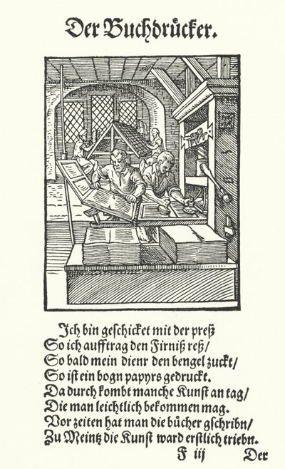 De boekdrukker (gravure) door Jost (after) Amman
