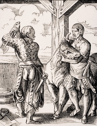 De slager en zijn assistent, reproductie van een 16e-eeuwse gravure door Jost Amman uit 