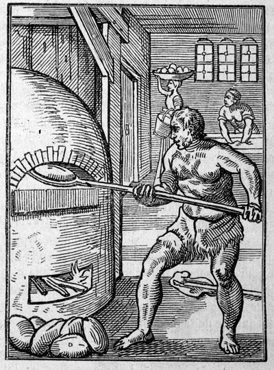 Een bakker die brood bakt in een oven. Gravure door Jost Amman (1539-1591) 16e eeuw. door Jost Amman