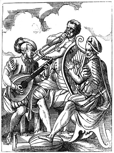 Een gitarist, een luitspeler en een trombonist, 16e eeuw 1849 door Jost Amman