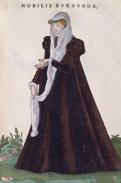 Bourgondische adellijke vrouw in traditionele klederdracht, gravure uit Habitus praecipuorum popularum door Jost Amman