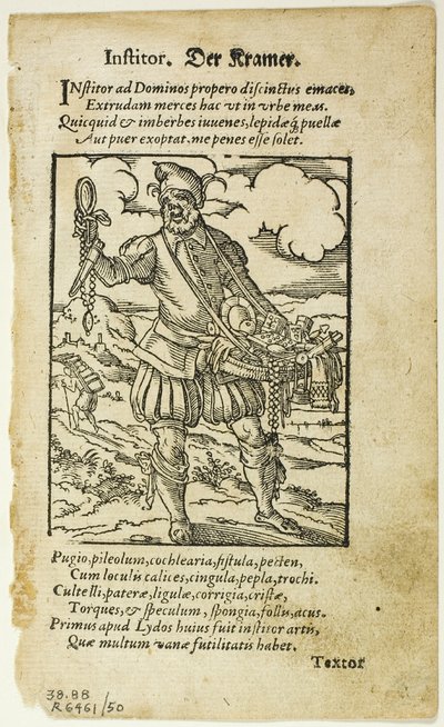 Der Kramer (De Marskramer) uit De omnibus illiberalibus sive mechanicis artibus door Hartmann Schopper, plaat 50 uit Houtsneden uit Boeken van de XVI Eeuw door Jost Amman