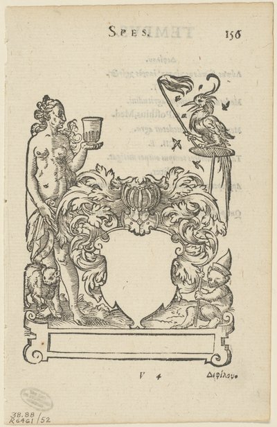 Embleem met blanco heraldisch schild, folio 156 uit de Anthologia Gnomonica door Jost Amman