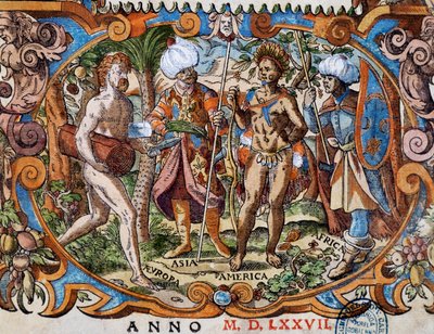 Vier continenten, detail van titelpagina, gravure door Jost Amman door Jost Amman