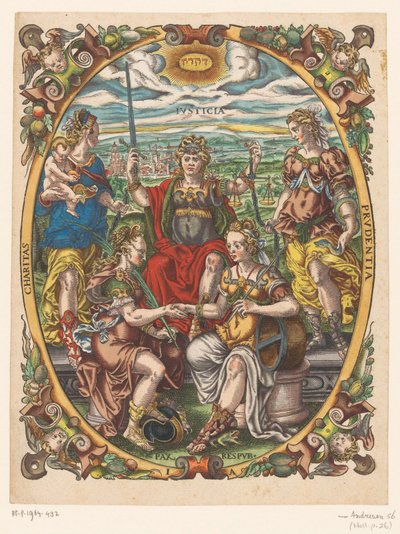 Personificaties van Justitia, Caritas, Prudentia, Pax en Republica door Jost Amman