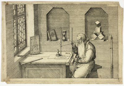 Portret van Wenzel Jamnitzer in zijn studeerkamer door Jost Amman