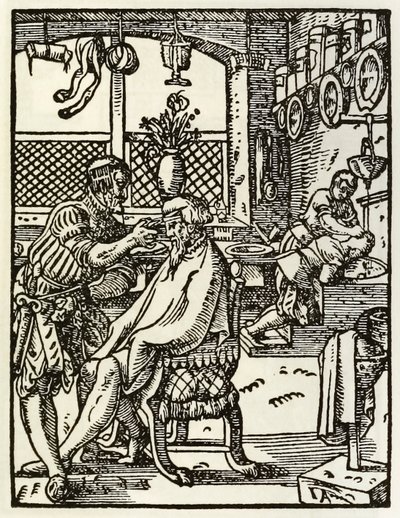 De Kappers uit een serie die beroepen en ambachten afbeeldt, voor het eerst gepubliceerd in Das Ständebuch 1568 in Frankfurt, Duitsland door Jost Amman