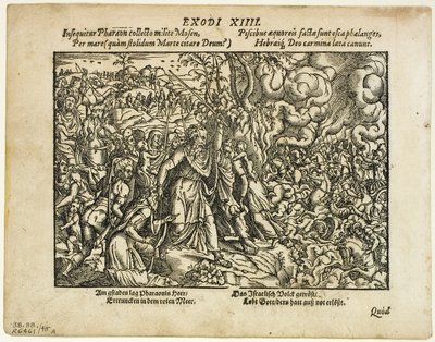 De Doortocht door de Rode Zee (recto) en De Begrafenis van Jacob (verso) uit Neuwe Biblische Figuren, plaat 48 uit Houtsneden uit Boeken van de XVI Eeuw door Jost Amman