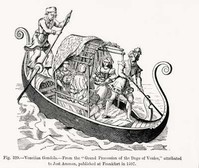 Venetiaanse gondel, uit de Grote Processie van de Doge van Venetië, illustratie uit Wetenschap en Literatuur in de Middeleeuwen en de Renaissance, geschreven en gegraveerd door Paul Lacroix door Jost (after) Amman