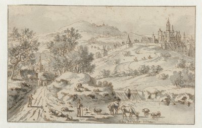 Bergachtig landschap met een stad op een heuvel door Josua de Grave