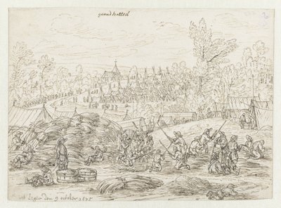 Gezicht op een kampement van het leger van Willem III bij Grand-Hallet, Luik door Josua de Grave