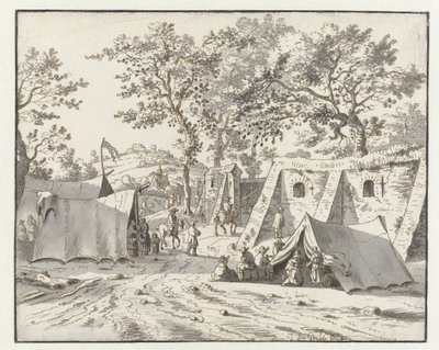 Gezicht op een kampement van het leger van Willem III bij Leuven door Josua de Grave
