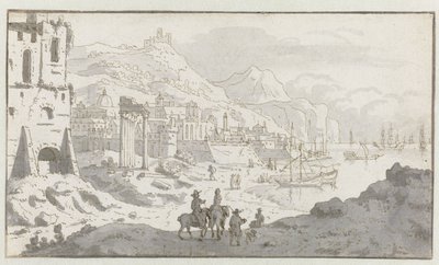 Gezicht op een denkbeeldige Italiaanse haven door Josua de Grave