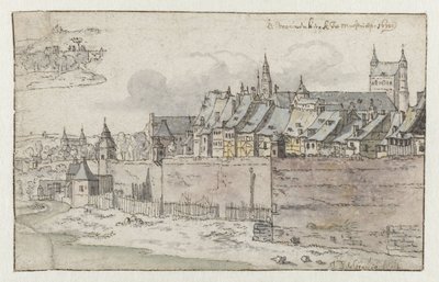 Gezicht op de muren van Maastricht met de Onze-Lieve-Vrouwekerk op de achtergrond door Josua de Grave