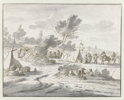 Gezicht op een kampement van het leger van Willem III bij Lembeek, Vlaams-Brabant door Josua de Grave