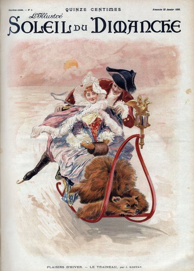 Winterpret: sleeën. Een elegant paar in een slee en schaatsend glijdt over de sneeuw. Volgens J. Koppay. Gravure in 